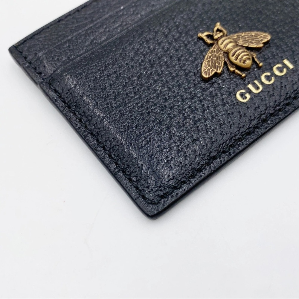 Gucci Black Leather Card Holder with Gold Bee Emblem